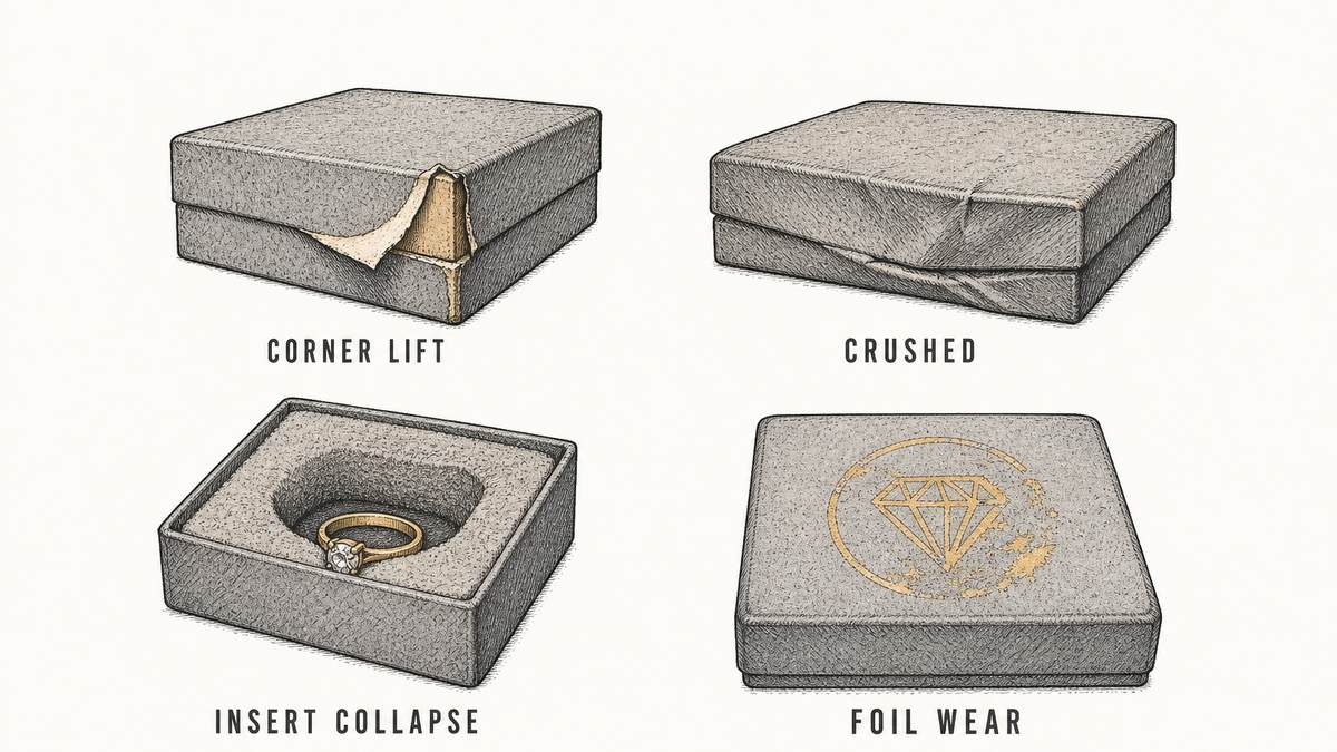 Jewelry box failure modes drawn as four damaged objects: a rigid box corner with the wrap peeling and lifting away from the board, a rigid box dented and flattened on one side, an insert whose foam has compressed so the ring sits loose in an oversized cavity, and a foil-stamped logo rubbed partly away