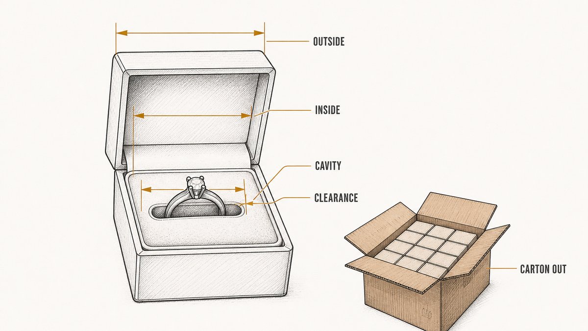 Jewelry box measurement points drawn as a technical flat with amber dimension lines marking the outside width, the inside width, the shaped cavity and the clearance around a ring, beside a second drawing of a corrugated export carton holding a grid of boxes