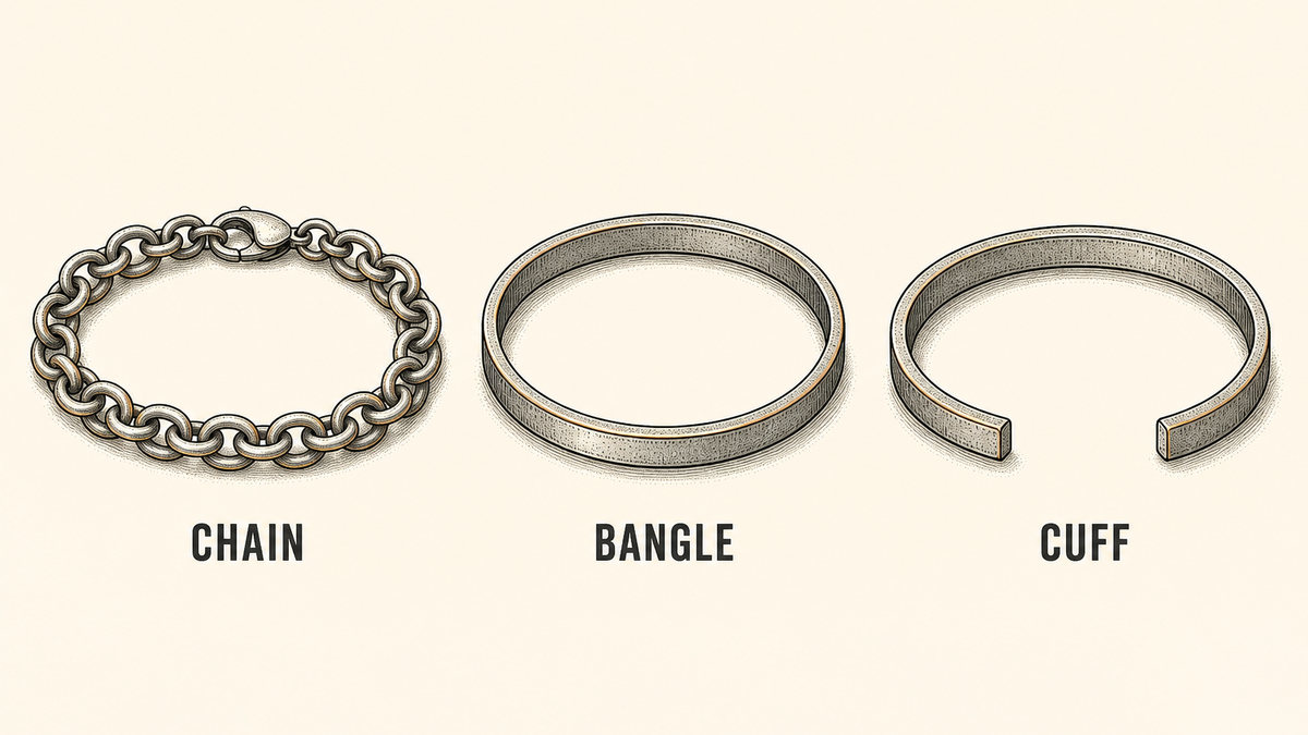 Bracelet constructions drawn as three technical flats: a linked chain bracelet with a clasp, a plain closed rigid bangle with no clasp, and an open rigid cuff with a gap and no clasp