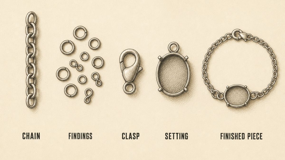 Jewellery components drawn as five separate parts in one row: a length of plain chain, a scatter of jump rings and wire loops, a bare lobster clasp, an empty metal bezel setting with no stone, and a complete assembled bracelet
