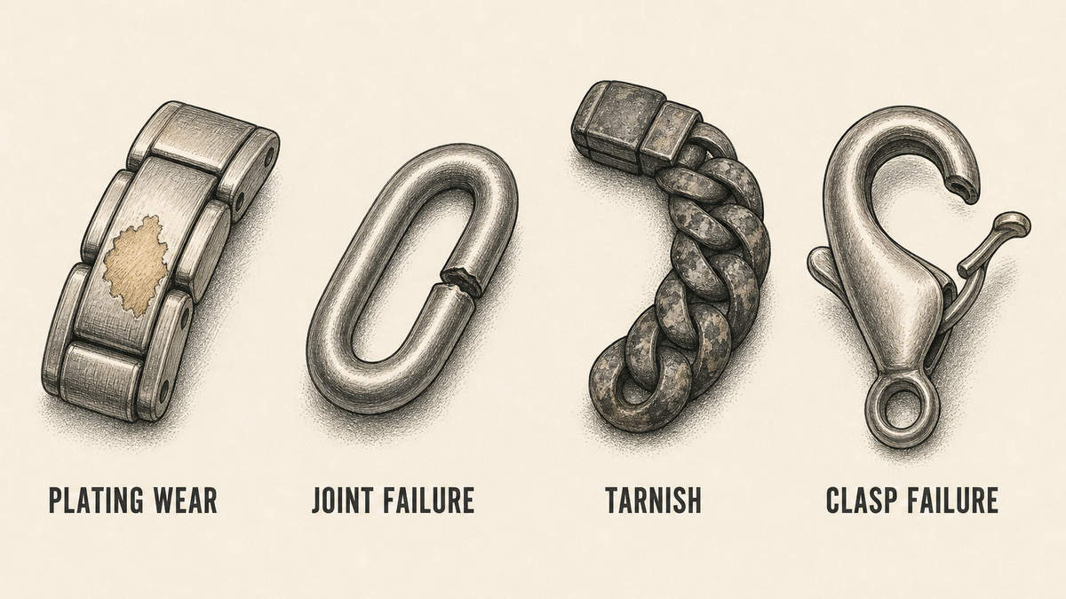 Jewellery failure modes drawn as four objects: a metal link whose plating has worn through in a patch revealing a different colour beneath, a chain link whose joint has cracked open with a visible gap, a metal piece turned dark and blotchy, and a metal piece showing a patch of discoloured dulled surface