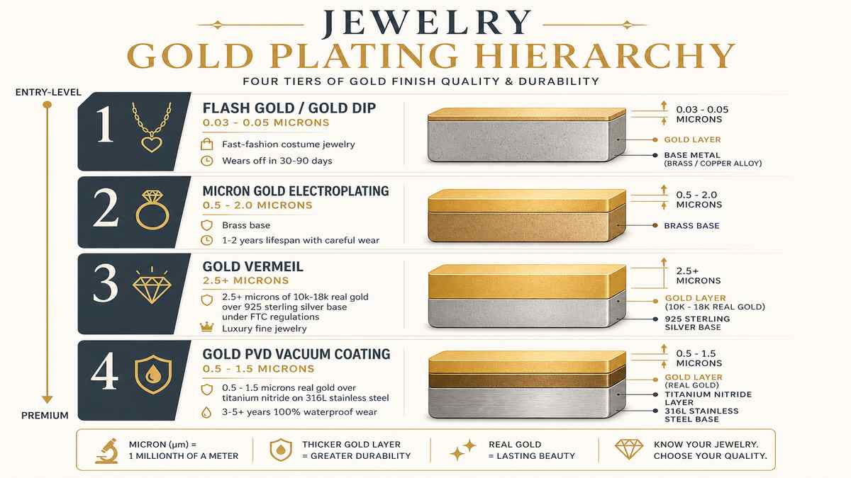 Jewelry Gold Plating Hierarchy Flash Gold Micron Plating Vermeil and PVD Infographic