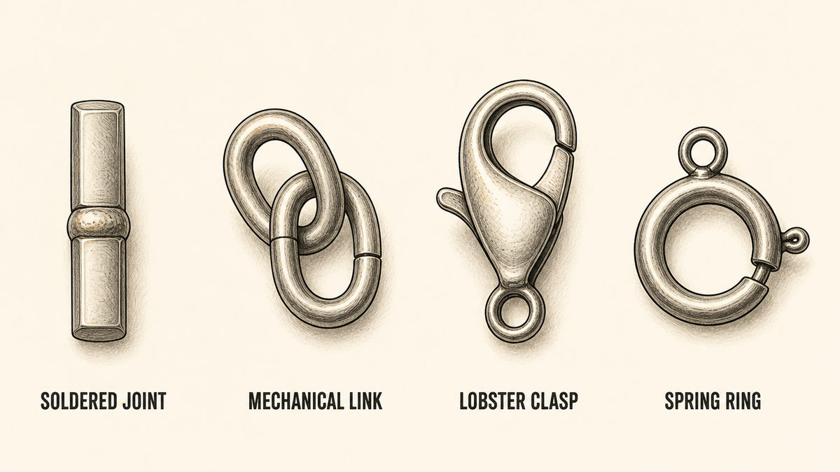Jewellery joint and clasp types drawn as four objects: two metal ends joined by a visible solder fillet at the seam, two links interlocked mechanically with no solder, a bare metal lobster claw clasp, and a bare metal spring ring clasp