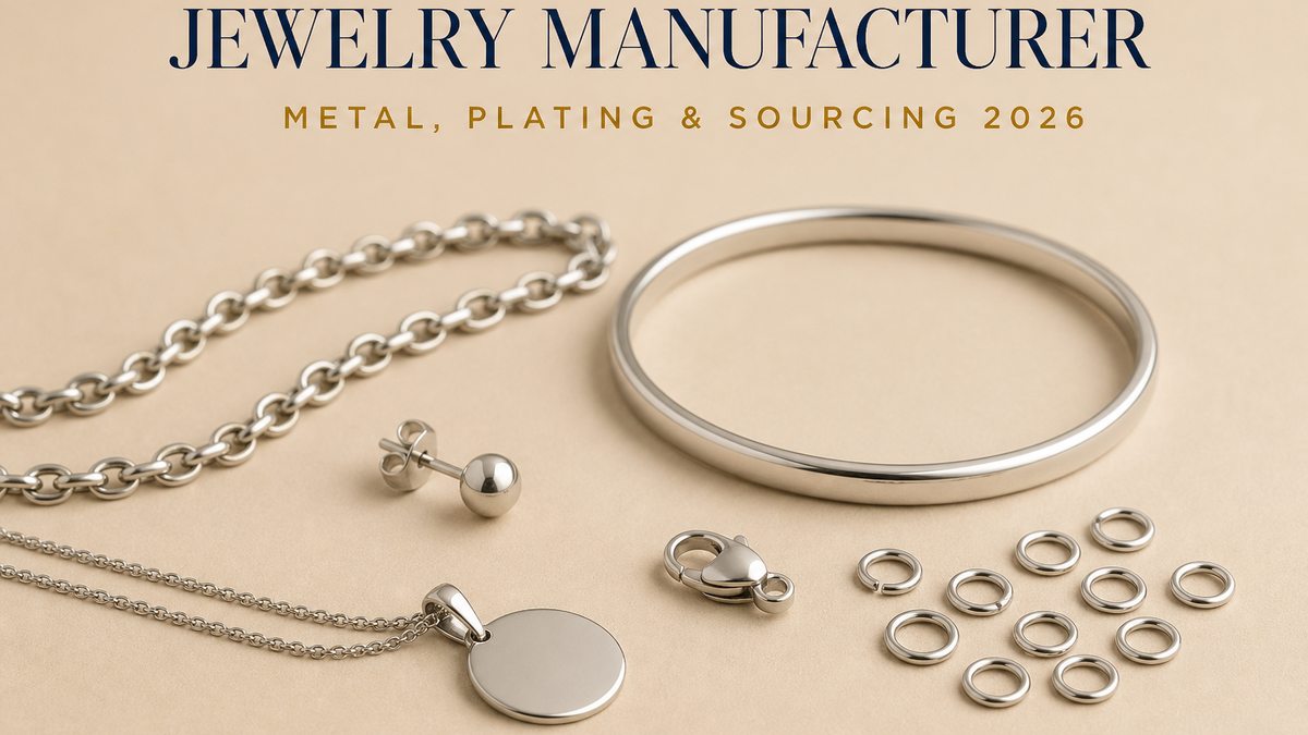 Jewelry manufacturer cover: a plain metal chain, a plain bangle, a plain stud earring, a plain pendant on a chain, a bare lobster clasp and a scatter of jump rings on a pale beige studio surface