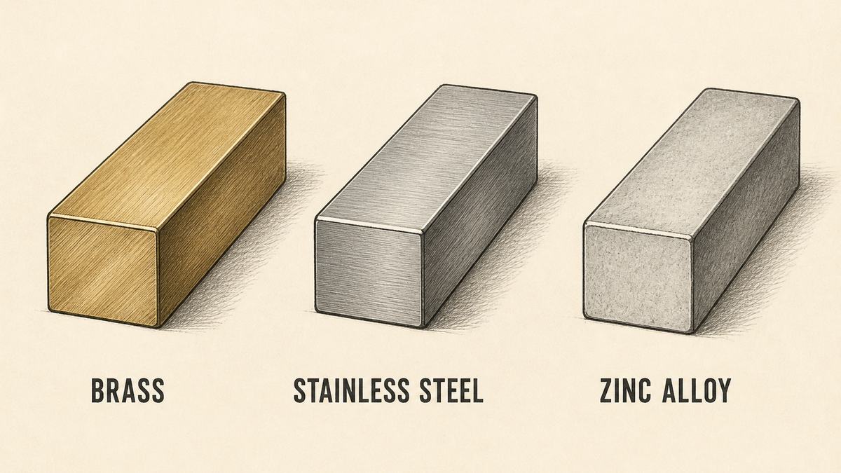 Jewellery base metals drawn as three plain rectangular bars each with a cut end so the material reads: a warm yellow-toned metal bar, a cool grey metal bar, and a dull lighter grey metal bar of softer appearance