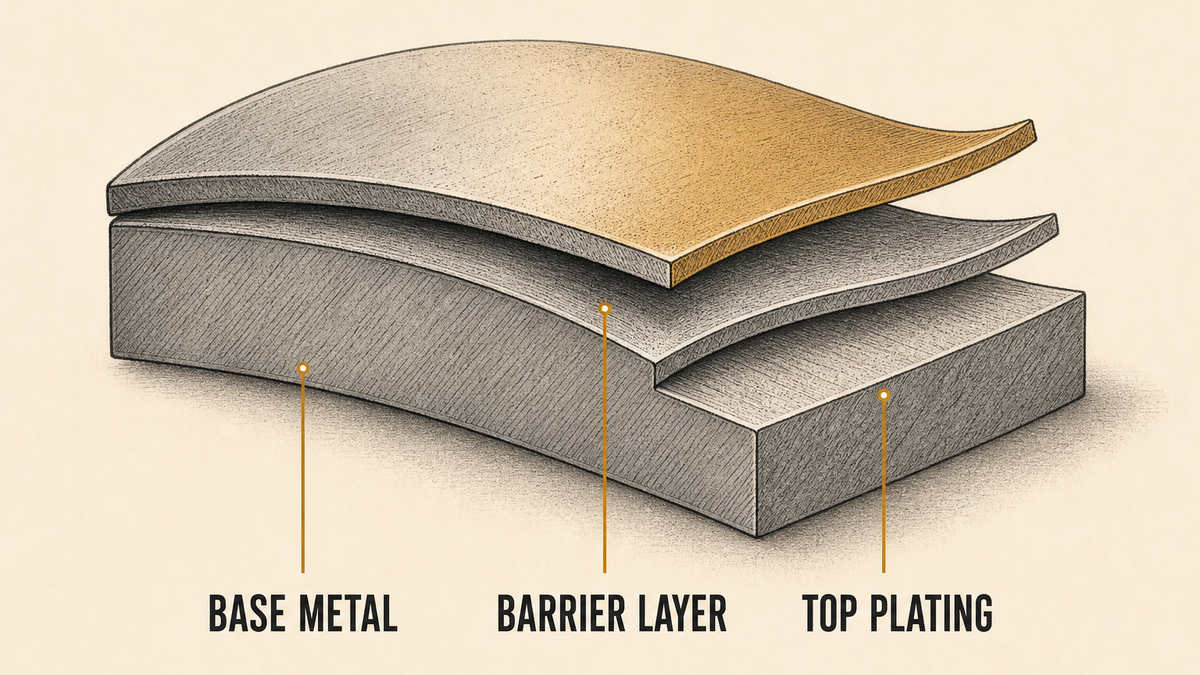 Plated jewellery metal drawn as a cut-away cross-section with the layers peeled back and separated: a base metal core, a barrier layer above it and the top plating, each marked with an amber leader line