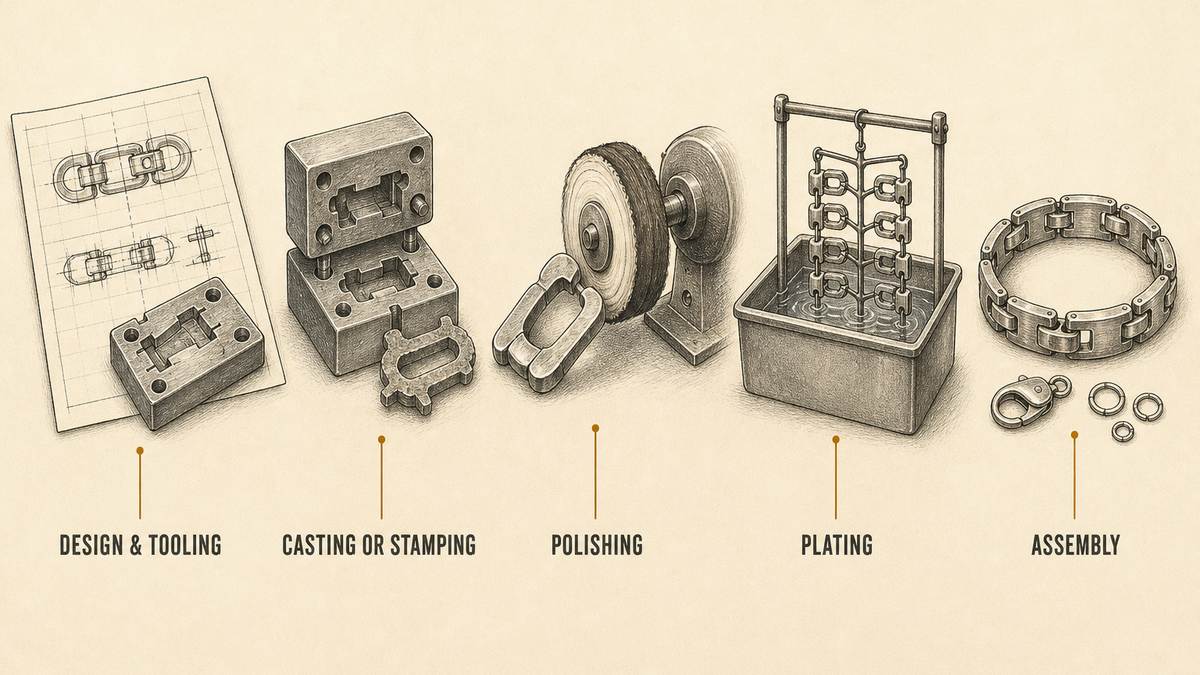 Jewellery production stages drawn as five objects with amber leader lines: a technical drawing with a mould tool, a two-part mould with a rough cast piece, a metal blank being polished on a buffing wheel, a rack of small pieces lowered into a plating bath, and a partly assembled bracelet with a clasp and jump rings beside it