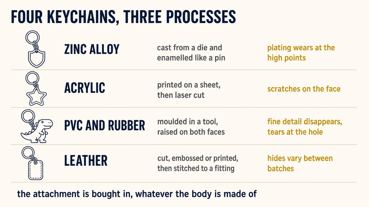 Keychain materials compared: acrylic, zinc alloy, PVC rubber and leather, with how each is made and how each wears