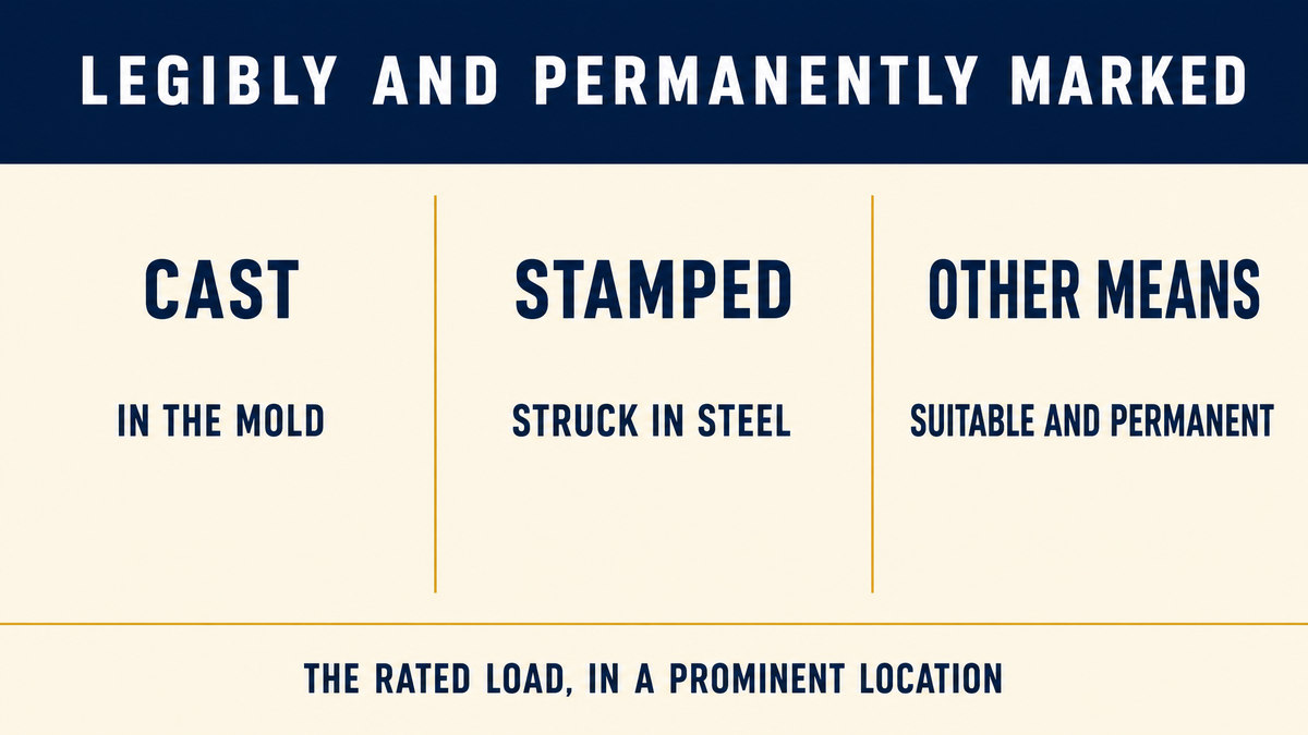 An infographic titled Legibly and Permanently Marked showing three marking methods, cast in the mold, stamped in steel and other suitable means, above a caption reading the rated load in a prominent location