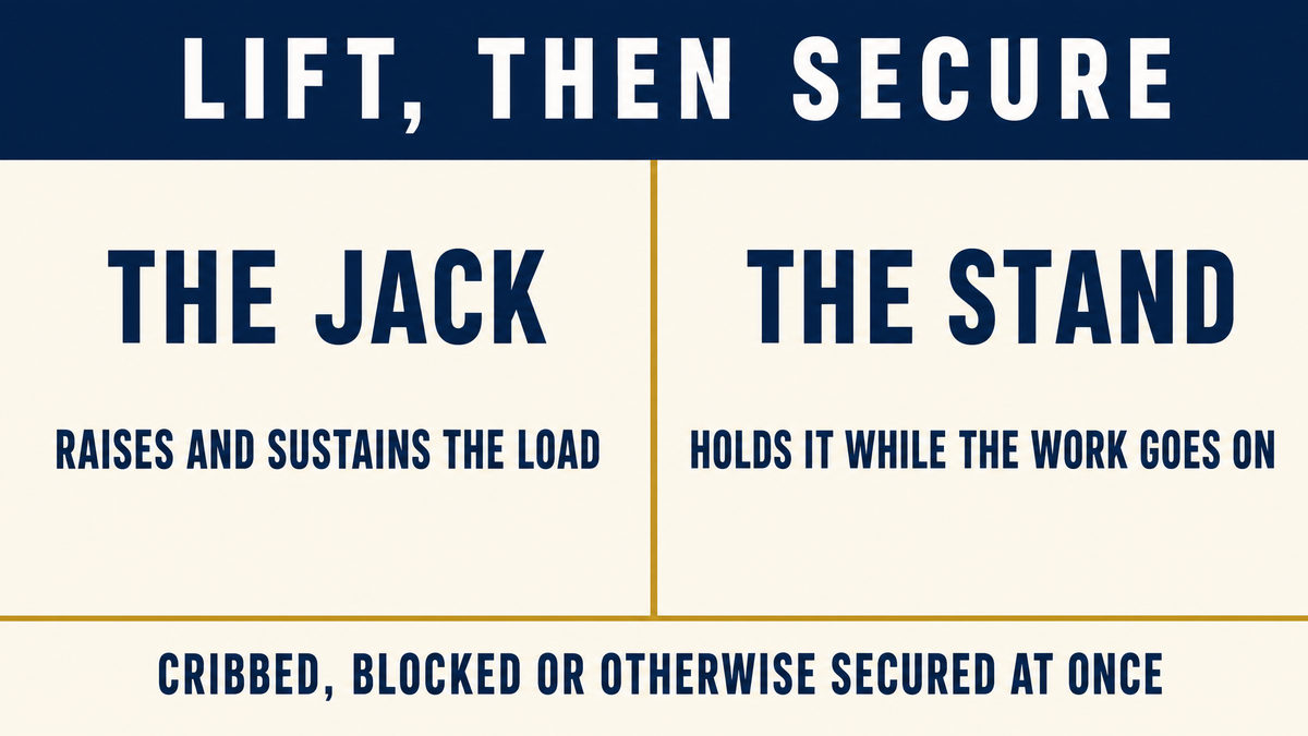 An infographic titled Lift Then Secure showing the jack raises and sustains the load and the stand holds it while the work goes on, above the caption cribbed blocked or otherwise secured at once