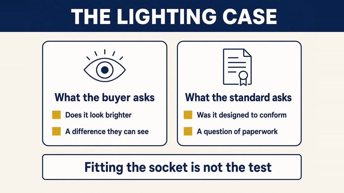 The lighting case set out as two questions side by side: whether the beam looks brighter, which the buyer can judge, and whether the source was designed to conform, which is a question about paperwork