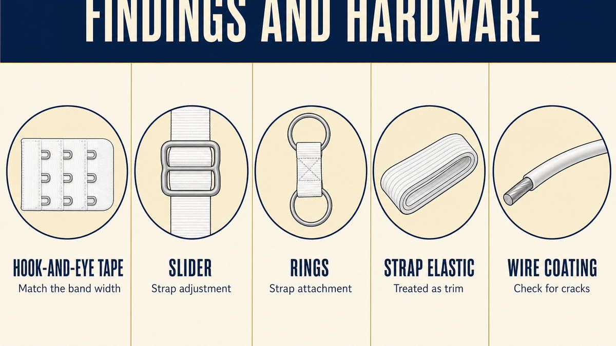 Lingerie findings: hook-and-eye tape, sliders, rings and strap elastic with their specification points