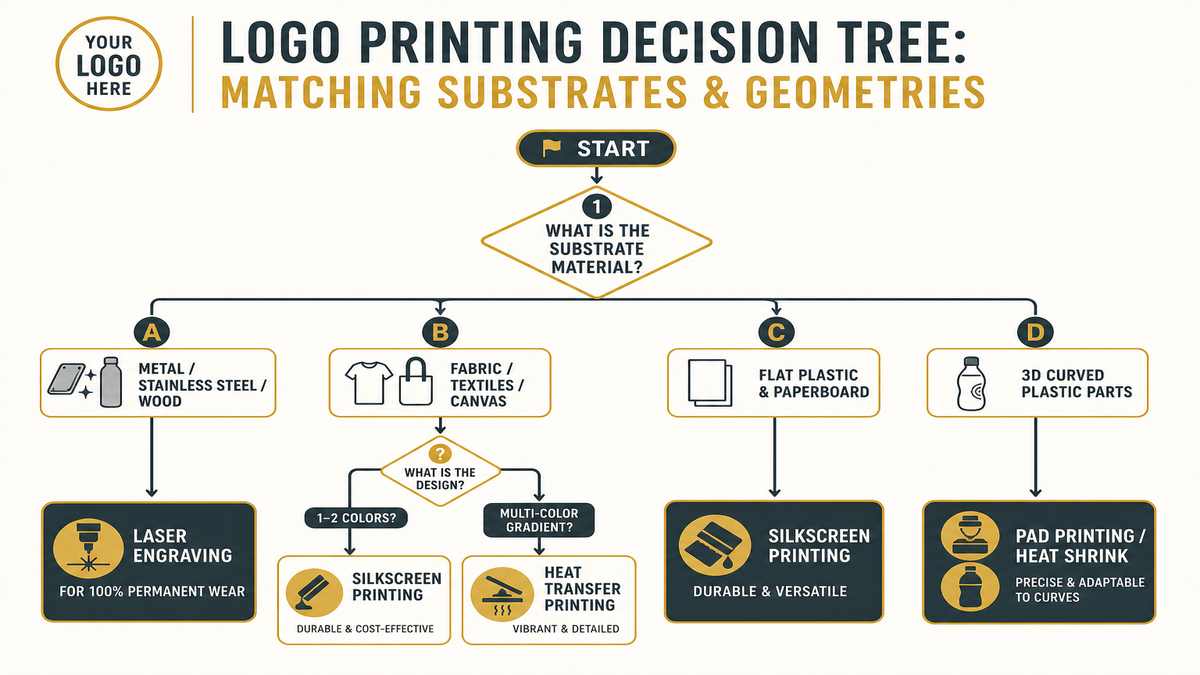 Logo Printing Method Decision Tree Matching Substrates and Geometries Infographic