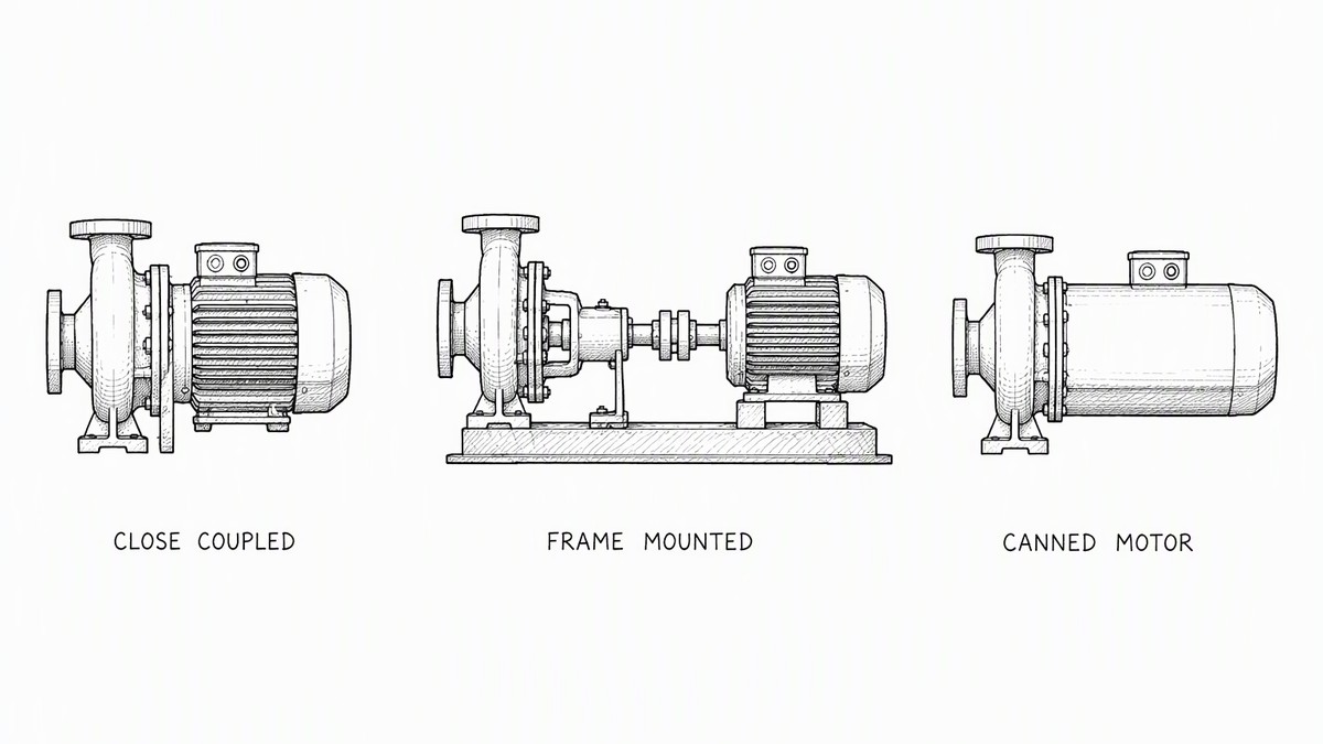 Pen and ink engineering plate showing three pump arrangements side by side, with a plain label under each reading Close coupled, Frame mounted and Canned motor