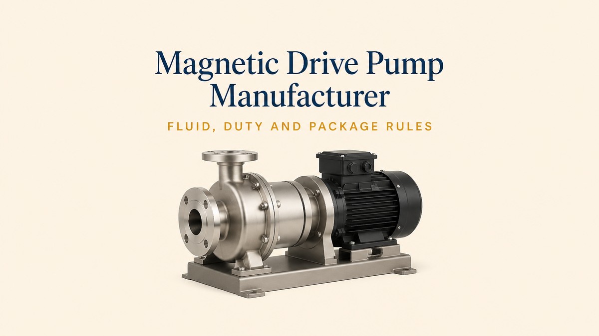 Blog cover showing a magnetic drive pump with a stainless steel casing, a flanged suction and discharge, and a black motor on a steel baseplate on a cream studio background, with a navy serif headline reading Magnetic Drive Pump Manufacturer and an amber subhead reading Fluid, Duty and Package Rules