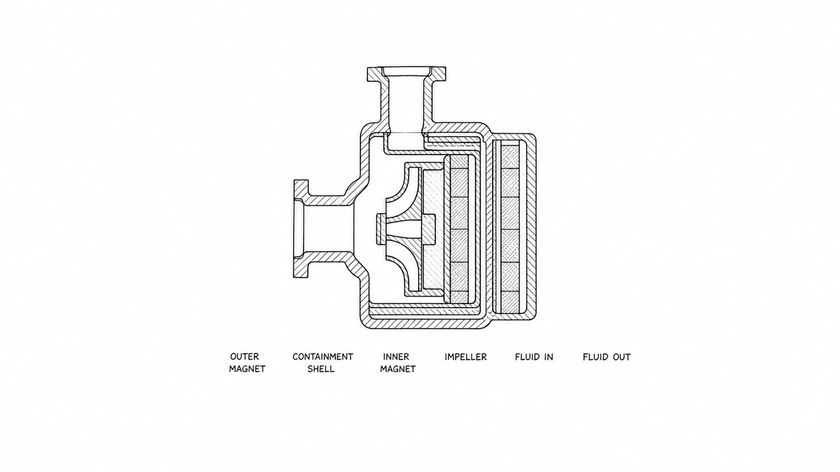 Pen and ink engineering plate showing a magnetic drive pump in section, with a plain label under each part reading Outer magnet, Containment shell, Inner magnet, Impeller, Fluid in and Fluid out