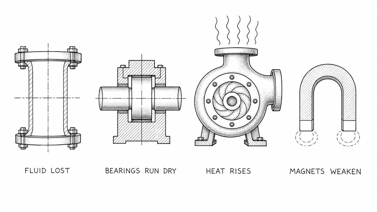 Pen and ink engineering plate showing four stages of a dry running failure, with a plain label under each reading Fluid lost, Bearings run dry, Heat rises and Magnets weaken