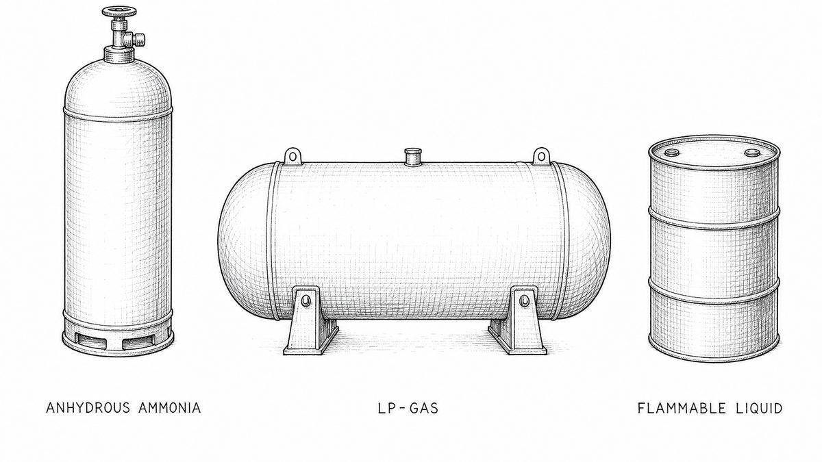 Pen and ink engineering plate showing three fluid families in one row, with a plain label under each reading Anhydrous ammonia, LP-Gas and Flammable liquid