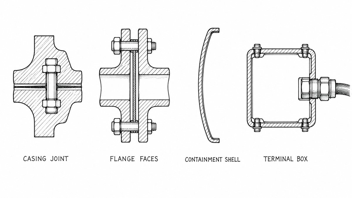 Pen and ink engineering plate showing four places on a magnetic drive pump where fluid can still escape, with a plain label under each reading Casing joint, Flange faces, Containment shell and Terminal box