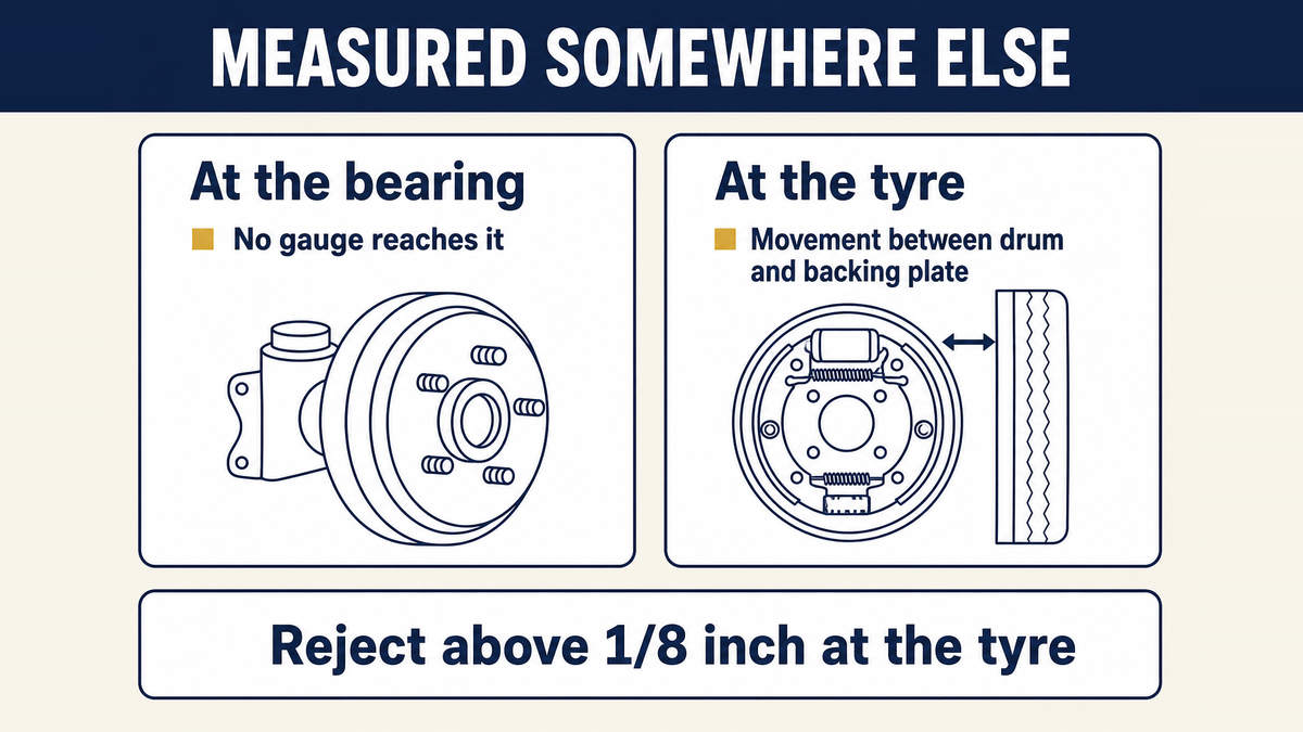 Bearing looseness is read as relative movement between drum and backing plate, measured at the outer circumference of the tyre, and rejected above one eighth of an inch