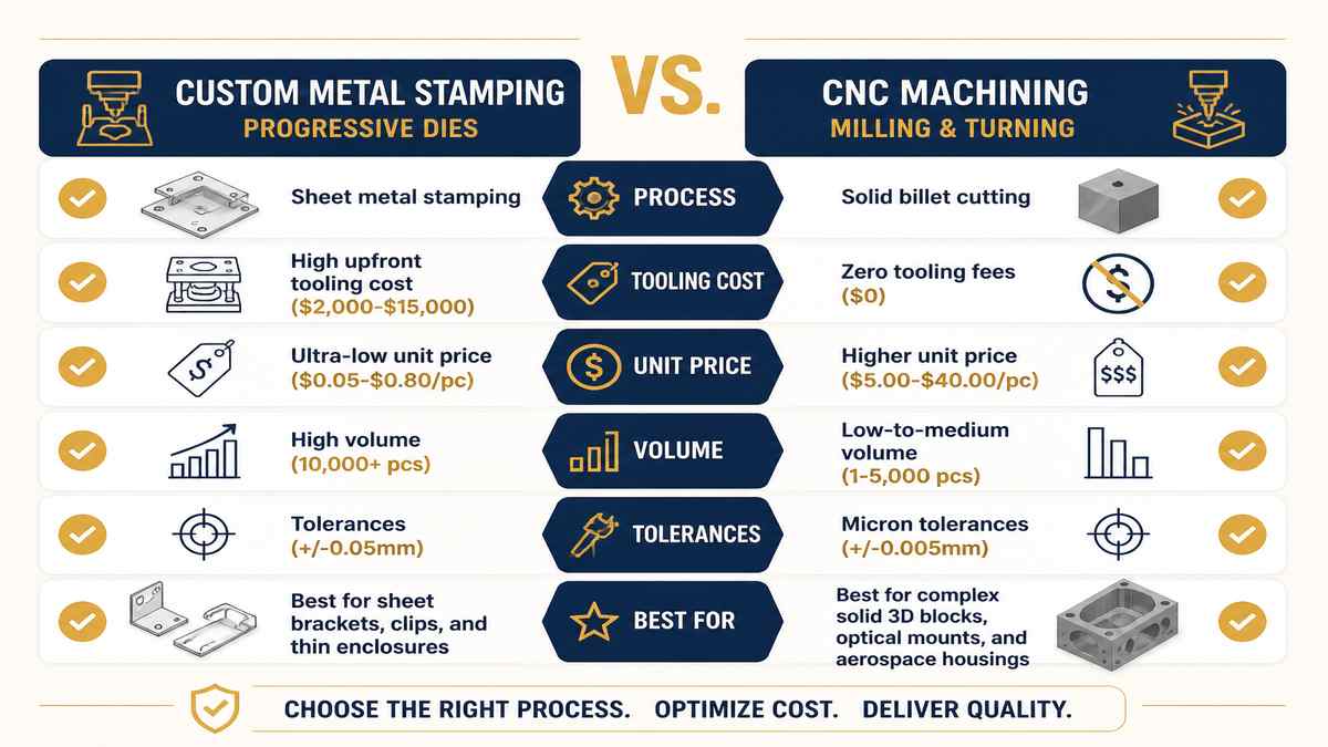 Custom Metal Stamping vs CNC Machining Head-to-Head Comparison Infographic