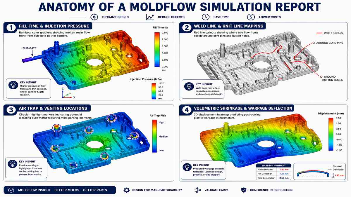 Anatomy of a Moldflow Simulation Fill Time Weld Lines and Warpage Analysis Infographic