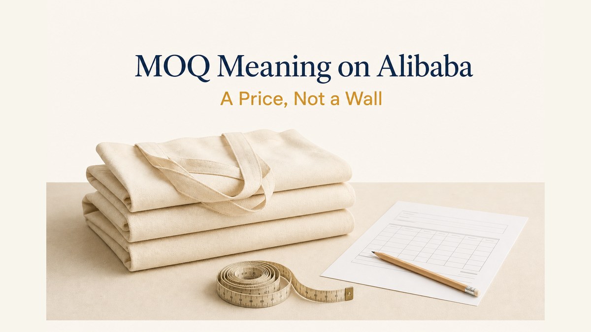 Blog cover on a flat cream surface showing a small stack of folded cotton tote bags beside a printed order sheet and a tape measure, with a navy serif headline reading MOQ Meaning on Alibaba and an amber subhead reading A Price, Not a Wall