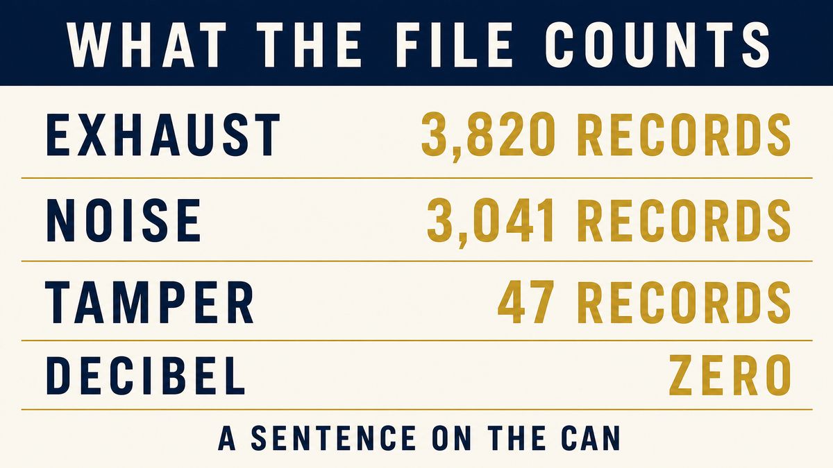 An infographic titled What the File Counts showing exhaust at three thousand eight hundred twenty records, noise at three thousand forty one, tamper at forty seven records and decibel at zero