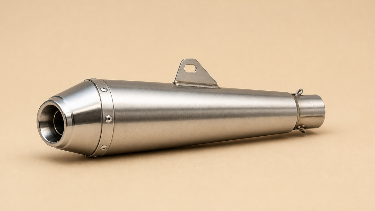Brushed stainless motorcycle slip-on muffler with a mounting strap on a beige surface