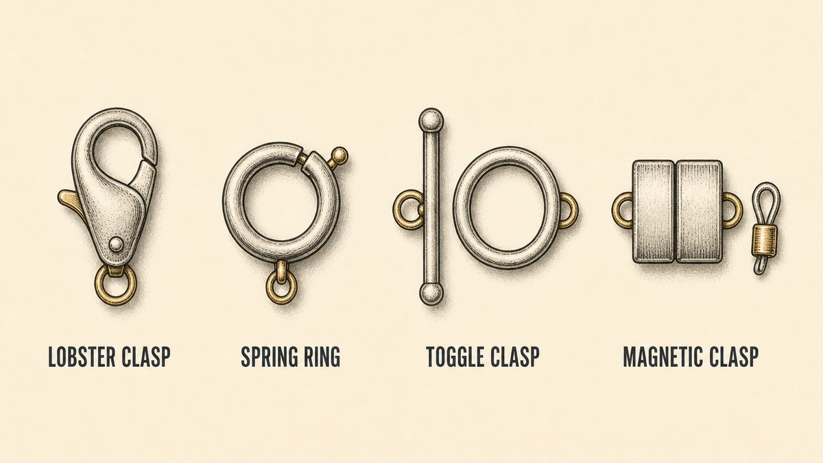 Necklace clasp types drawn as four objects in one row: a bare lobster claw clasp, a round spring ring clasp, a toggle clasp shown as a bar and a ring as a pair, and a magnetic clasp shown as two blocks that meet with a small safety catch beside it