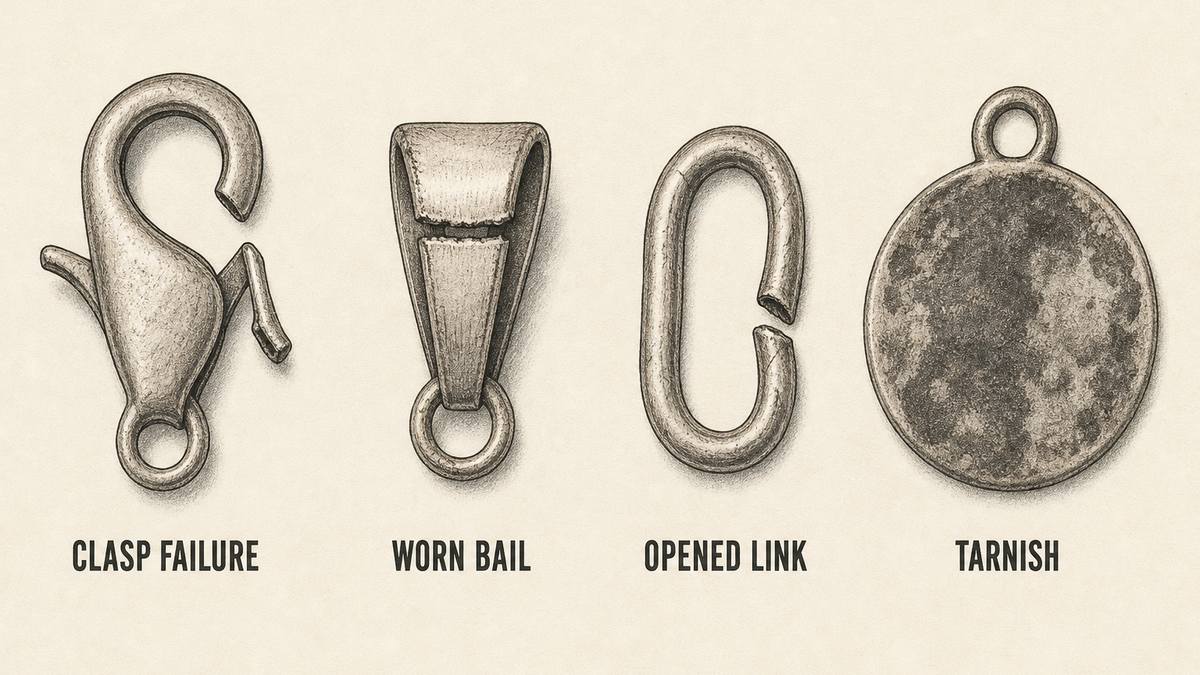 Necklace failure modes drawn as four objects: a lobster clasp with its spring lever bent out of position and the gate hanging open, a pendant bail worn thin with a visible groove cut where the chain runs on it, a chain link pulled open out of shape with a visible gap, and a metal pendant turned dark and blotchy with uneven discolouration