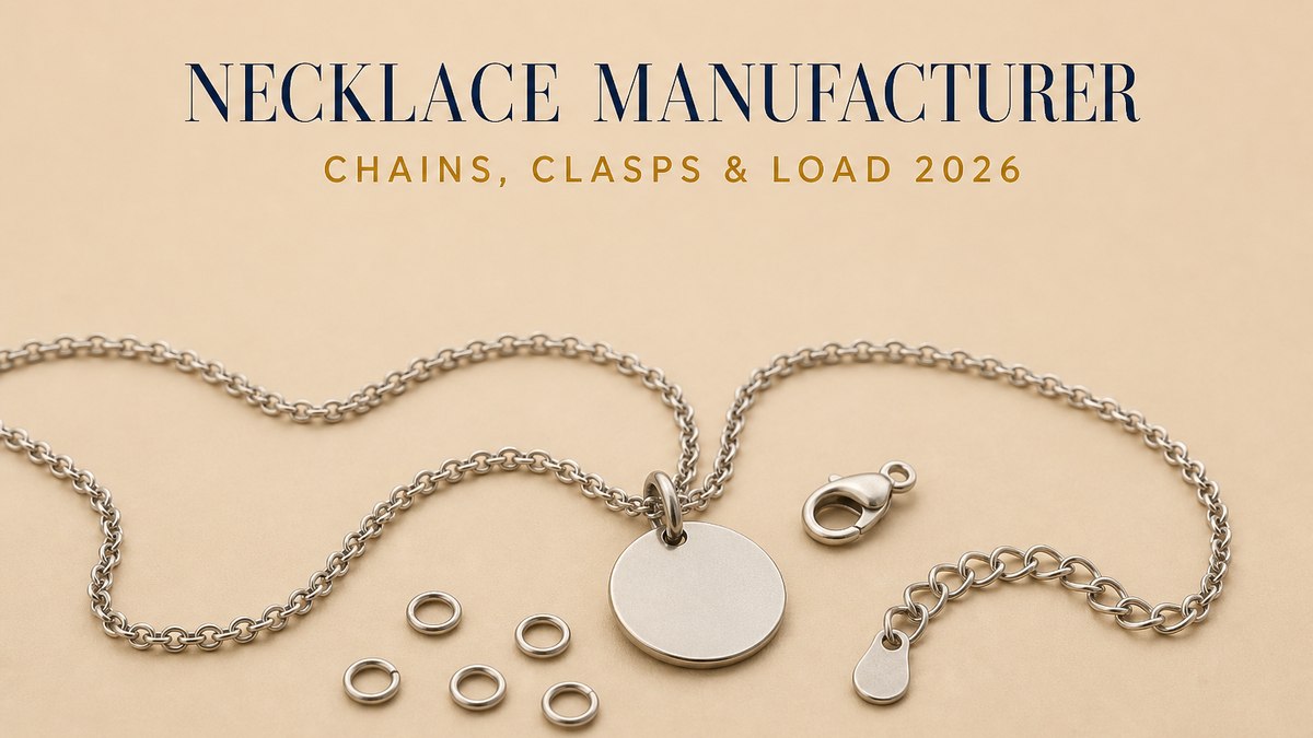 Necklace manufacturer cover: a plain metal chain necklace laid in a loose curve, a plain pendant hanging from a chain, a bare lobster clasp, a short extension chain with its end tag and a scatter of jump rings on a pale beige studio surface