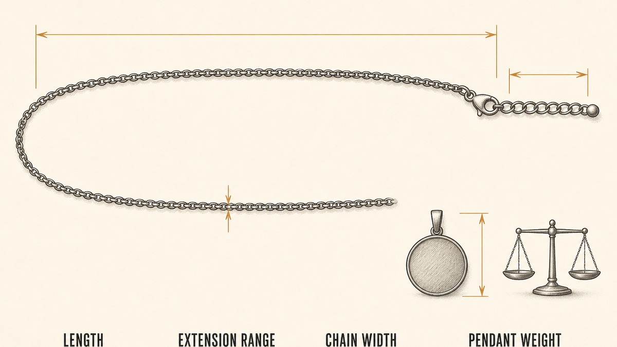Necklace measurement points drawn as a technical flat with amber dimension lines and small arrowheads marking the full chain length and the short extension chain at the clasp end and the chain width, with a pendant drawn beside it next to a small set of plain scales representing its weight