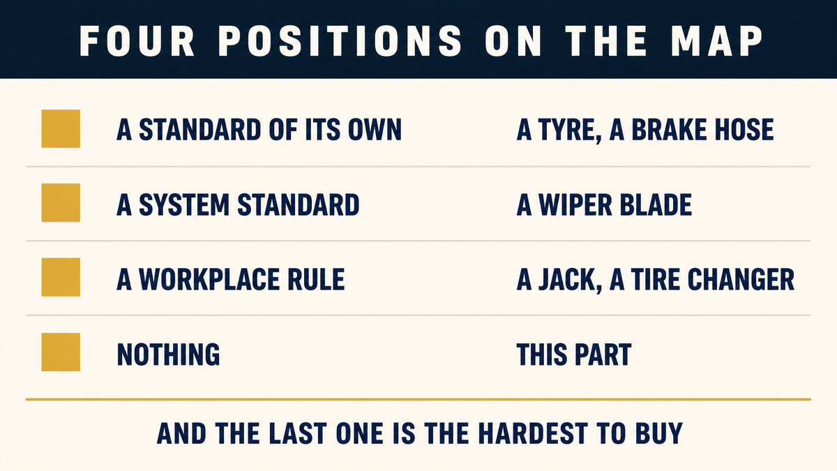 An infographic showing four positions a product can occupy, a standard of its own, a system standard, a workplace rule and nothing at all, with the last marked as this product
