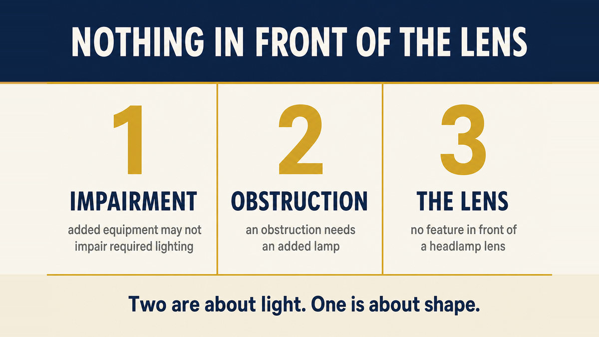 A three column infographic titled Nothing in Front of the Lens quoting that added equipment may not impair lighting, that an obstruction needs an additional lamp, and that a headlamp must have no feature in front of its lens