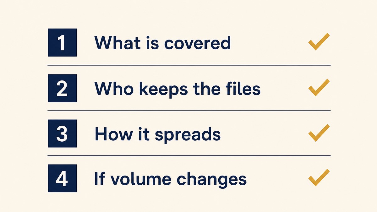 Flat vector checklist with four numbered rows labelled what is covered, who owns the files, how the fee spreads, and what happens if volume changes