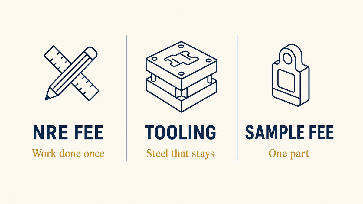Flat vector diagram of three money boxes side by side labelled NRE FEE, TOOLING and SAMPLE FEE, with a one-line note under each reading work done once, steel that stays and one part only