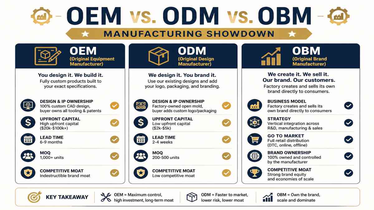 OEM vs ODM vs OBM Manufacturing Showdown Comparison Matrix Infographic