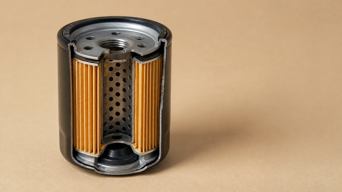 Cutaway oil filter showing pleated media, centre tube and bypass valve