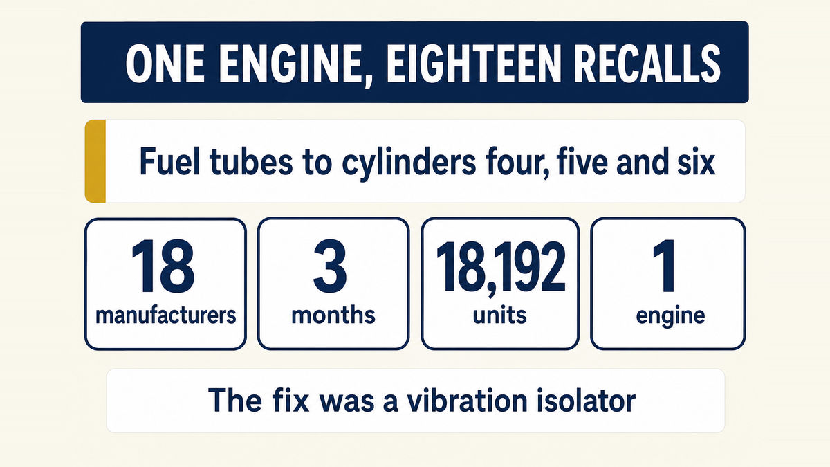 One engine's fuel tube defect across eighteen federal campaigns: eighteen manufacturers, filed within three months from December 2021 to March 2022, eighteen thousand one hundred and ninety two vehicles and engines, and a remedy that consisted of adding vibration isolators to the fuel tubes