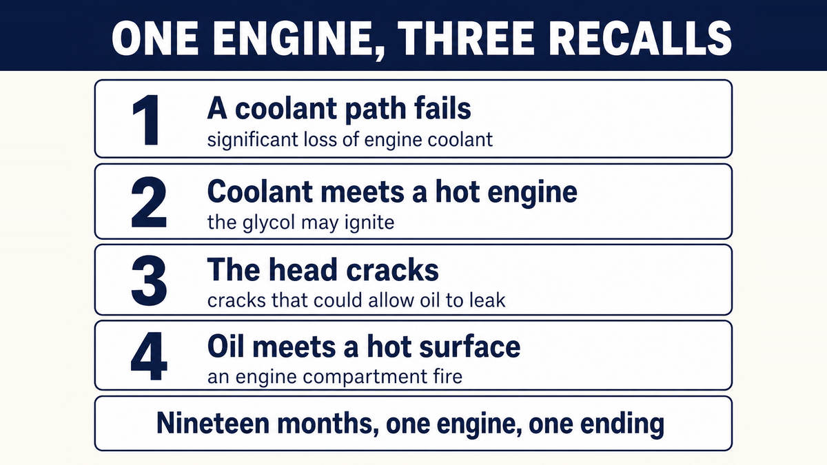 Three campaigns on one engine within nineteen months: a coolant path failing, coolant igniting on a hot engine, and the cylinder head cracking to let oil reach a hot surface
