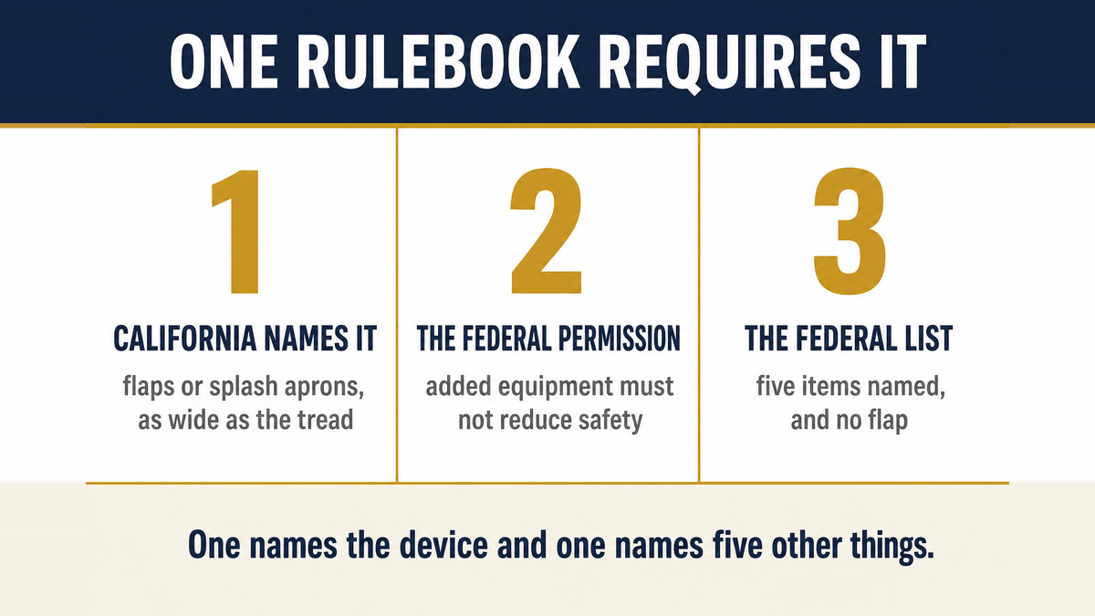A three panel infographic titled One Rulebook Requires It showing that California names flaps and splash aprons with a width relative to the tire tread, that section 393.3 only permits added equipment, and that the cab and body components list names five items and no flap
