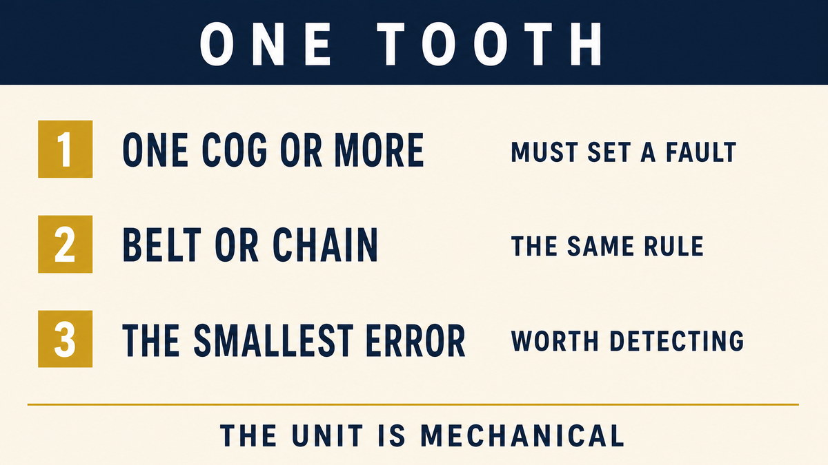 An infographic showing the one-tooth rule, one or more sprocket cogs of misalignment must set a fault code whether the engine uses a belt or a chain, and that one tooth is the smallest error the law treats as worth detecting