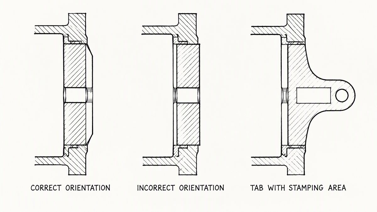 Three orifice plate edge and orientation details drawn in a single horizontal row as a hand-drawn pen-and-ink engineering plate, each shown in close cut-away section through the bore beside the pipe wall with a label underneath: the plate correctly installed with its sharp square upstream face on the left and its bevelled edge tapering away on the right, the bevel drawn as a clear sloping chamfer around the bore; the same plate installed the wrong way round with the bevelled edge facing the incoming side and the sharp square edge on the outgoing side; and the edge of a plate drawn with its protruding tab seen face on, the tab carrying a blank ruled rectangle for stamping
