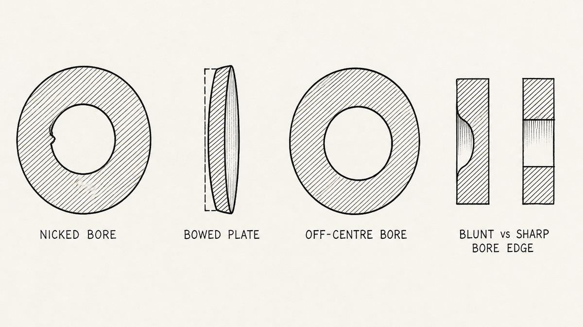 Four rejected orifice plates drawn in a single horizontal row as a hand-drawn pen-and-ink engineering plate, each an isolated round disc seen face on or in section with a label underneath: a plate whose bore edge carries a small ragged nick cut into one side of the opening; a plate that is visibly bowed and no longer flat, drawn from the side so the bend shows, with the flat plate outline drawn behind it as a thin reference line; a plate whose bore is set off centre so the metal ring around the opening is clearly narrower on one side than the other; and a plate with a blunt rounded bore edge drawn in close section beside a plate with a crisp sharp square bore edge drawn the same way