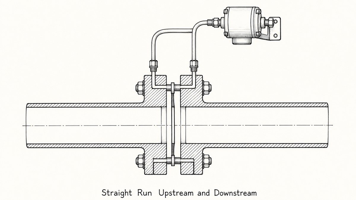 A complete orifice plate installation drawn as one long cut-away side view running across the middle of the frame as a hand-drawn pen-and-ink engineering plate: a straight run of pipe entering from the left and leaving to the right, a pair of thick flanges bolted together in the middle of the run holding a thin round plate between them, small pressure tap passages in each flange leading away upward through short pipes to a small capsule shaped differential pressure transmitter mounted above and to the side, and on both sides of the flanges the pipe drawn as one unbroken straight length shown in section by thin even hatching, with a label underneath reading Straight Run Upstream and Downstream