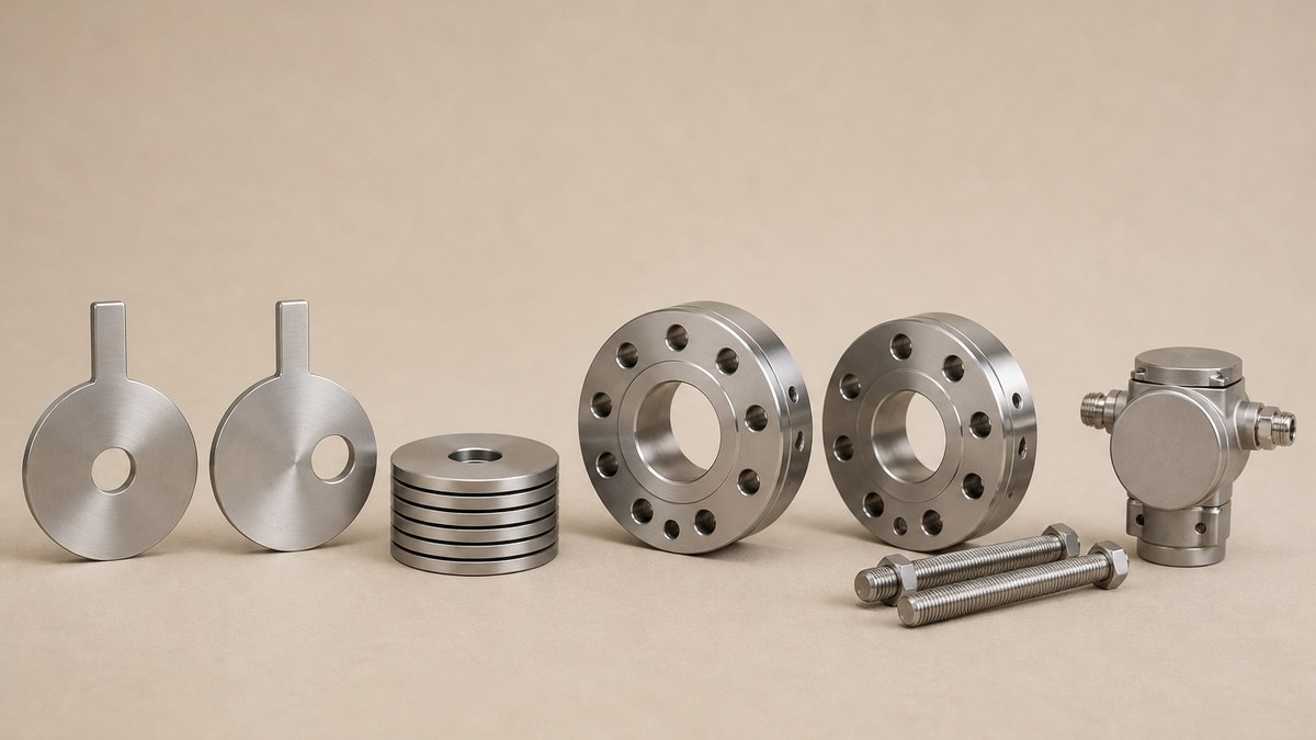 Orifice plate cover: a round stainless steel orifice plate with a single central bore and a protruding flat tab, a second orifice plate with its bore set off to one side, a stacked set of thin orifice plates, a pair of thick machined orifice flanges with a ring of bolt holes and small radial pressure tap holes drilled through them, a pair of long through-bolts with nuts, and a small cylindrical differential pressure transmitter with two pipe connections, arranged in one row on a warm beige studio surface