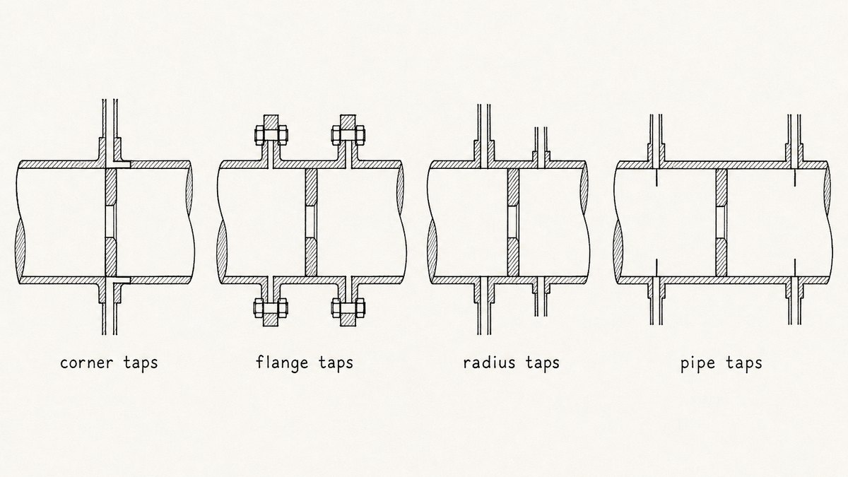 Four orifice plate tap arrangements drawn in a single horizontal row as a hand-drawn pen-and-ink engineering plate, each shown in cut-away section through the pipe with the plate standing vertically inside it and a label underneath: corner taps, where the small pressure passages enter the pipe wall right at the faces of the plate beside its bore; flange taps, where the passages run through the flange rings a short distance away from the plate on each side; radius taps, where the passages are set one pipe diameter upstream and half a pipe diameter downstream of the plate; and pipe taps, where the passages are set well upstream and well downstream with two small vertical marker strokes drawn across the pipe wall to show where they fall