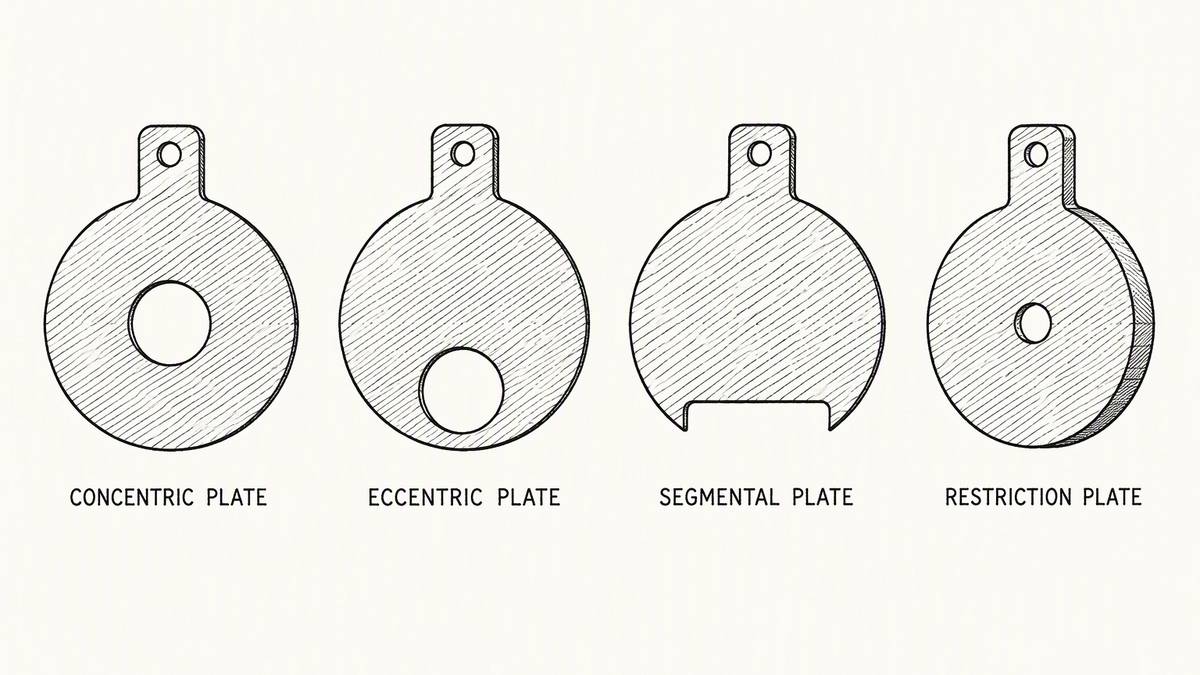 Four orifice plate shapes drawn in a single horizontal row as a hand-drawn pen-and-ink engineering plate, each plate seen face on as a round disc with its protruding tab and a label underneath: a concentric plate whose single round bore sits exactly in the middle of the disc; an eccentric plate whose bore sits low and close to the bottom edge; a segmental plate whose opening is a wide flat-sided slot cut along the bottom edge instead of a round hole; and a restriction plate whose bore is small and central with the disc drawn thicker