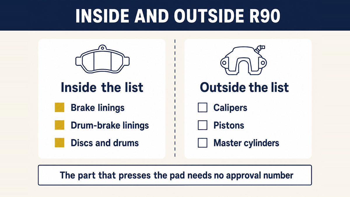 What UN Regulation No 90 covers and what it does not: replacement linings, drum-brake linings, discs and drums are inside, while calipers, pistons and master cylinders are outside